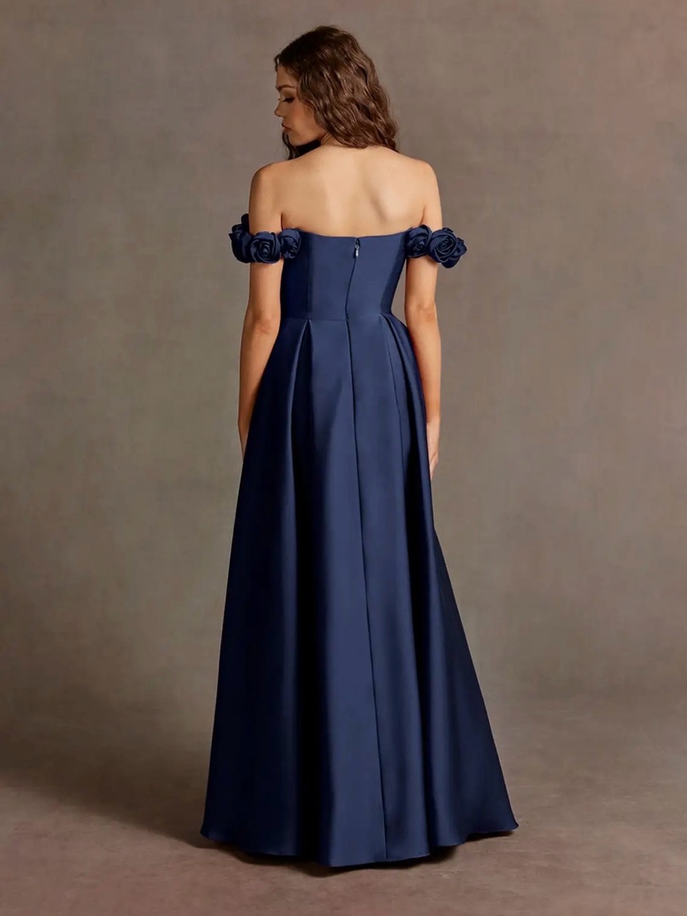 Azazie Navy Off-Shoulder Maxi Dress with Rose Strap Detail - Picture 2 of 3